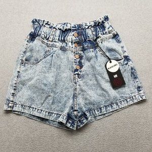 L&M Denim Shorts Womens‎ Large Blue Acid Wash Elastic Waist Pockets Cotton